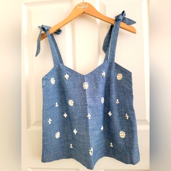 J. Crew Chambray Embellished Tie Shoulder Top, XS - Picture 4 of 13